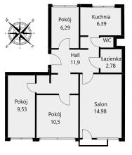 4 pokoje na 62 m2 na 1 piętrze